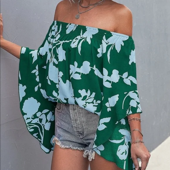 Boho Floral Print Off Shoulder Top Blouse - Picture 16 of 16